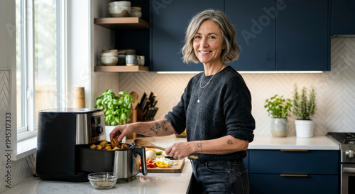Mature woman with grey hair smiling in a modern kitchen while preparing roasted potatoes, authentic lifestyle portrait of a happy person cooking at home.
