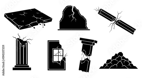Damaged Architecture Icons: Cracked Pillars, Rocks, Broken Column, Wall