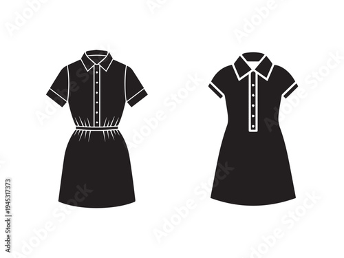 Blackandwhite illustrations of two shortsleeved collared dresses one with a defined waist and the other aline  dress designs  fashion icons