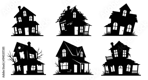 Spooky Haunted Houses Silhouettes Vector Illustration for Halloween Design