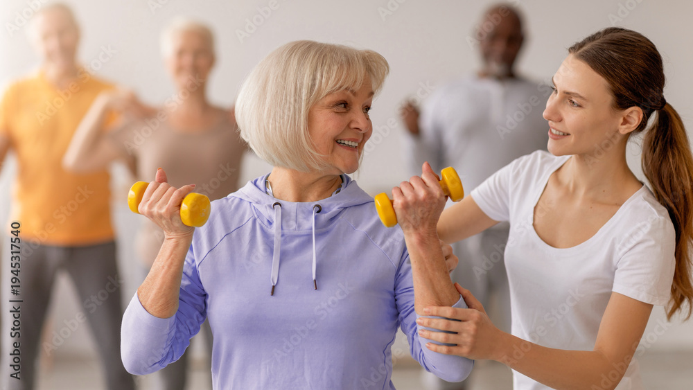 Naklejka premium A group of older adults participates in a strength training class led by a trainer. One woman lifts yellow weights while the trainer assists her. The atmosphere is supportive and energetic.