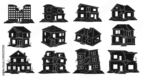 Damaged Buildings Silhouettes, Earthquake Disaster, Black  White Glyph Art