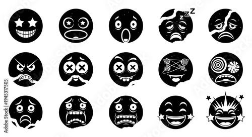 Black and white emoji icons, happy, sad, angry, shocked, sleepy, dizzy