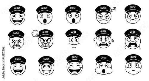 Black and White Line Art of 15 Uniformed Faces with Different Emotions