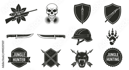 Jungle Hunting Vector Icons: Rifle, Skull, Knives, Helmet, Paw Print, Emblem