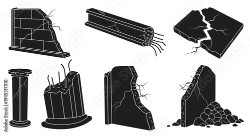 Black and White Glyph Icons of Broken Structures and Ruins