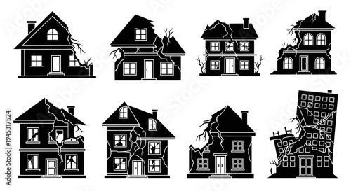 Damaged houses and buildings, earthquake, destruction, black  white vector icons