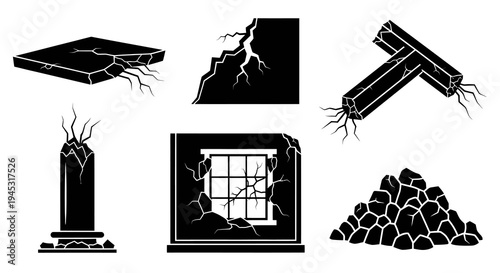 Cracked and Damaged Building Elements Glyph Icons Set