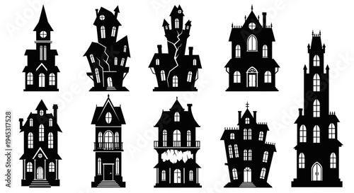 Spooky Haunted Houses Silhouettes Icons Halloween Vector Set