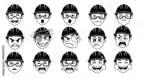 Construction worker helmet emojis, black and white line art, diverse emotions