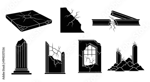 Black and white icon set of ruined architectural elements and debris