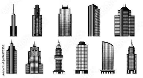 Black and White Line Art Vector Icons of Modern Skyscraper Buildings