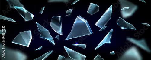 Shattered glass pieces flying in air, realistic vector background. 3d ice shards and crystal fragments with dynamic broken mirror effect. Window explosion texture on dark backdrop