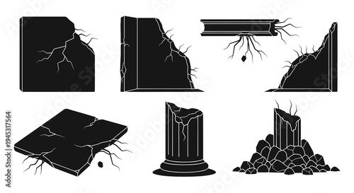 Broken stone fragments and ruined ancient column vector icons