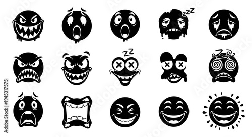 Set of 15 Black and White Vector Emoticons, Stock Icons, Expressive Faces