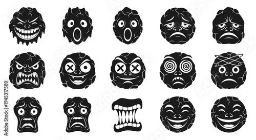 Black  White Glyph Vector Art of Scary Monster Faces Emoticons