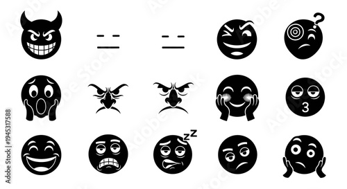Black and White Emoji Icons: Expressions of Emotions, Vector Art