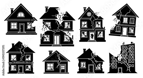 Damaged houses and building in black and white vector art, earthquake or disaster