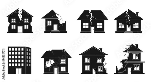 Damaged Houses Icons Set, Earthquake Building Ruin Glyph Art