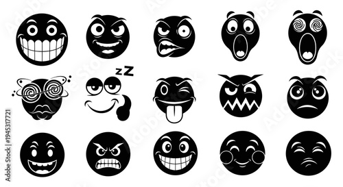Black  White Glyph Set of 15 Expressive Emoticons and Smileys