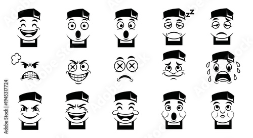 Black and White Cartoon Faces with Different Emotions, Vector Art