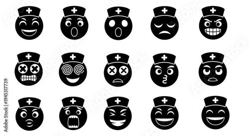 Black Nurse Face Emoji Icons: Medical Care, Emotions, Stock Graphics