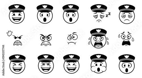 Police Emoticons Set, Black and White Line Art Vector Icons
