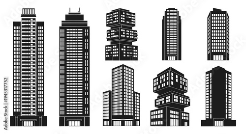 Black  White Silhouette of Modern High-Rise Office Buildings, City Architecture Icons