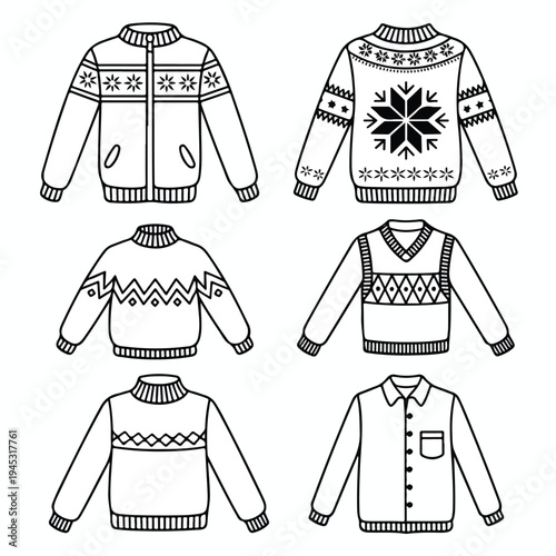 A professional vector illustration collection of casual fashion clothing including a t-shirt, jacket, dress, and pants for a versatile textile design template