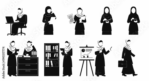 Businesswomen in Hijab, Office Work, Professional Women, Vector Art