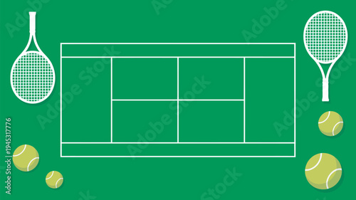 A graphic illustration of a tennis court with rackets and balls on a green background