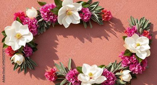 A vibrant floral wreath composed of delicate white magnolias, pink bougainvillea, and lush green