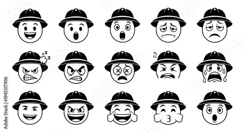 Black and White Emoticon Faces Wearing Helmets, Vector Art