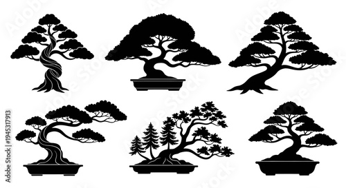 Black and White Silhouette Bonsai Trees, Japanese Art Style, Vector Illustration