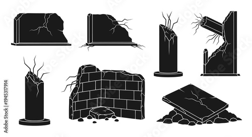 Black and White Ruined Architectural Elements, Broken Walls and Pillars