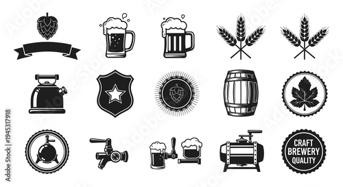 Black and white icons for a brewery, beer, and pub, vector graphics