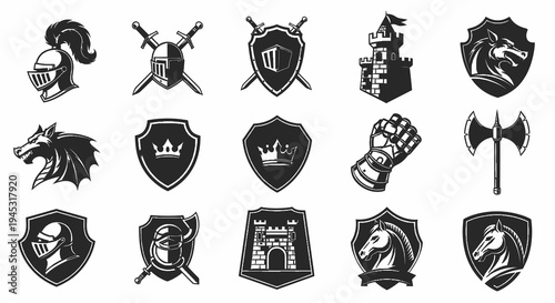 Medieval Knight Shields, Helmets and Castle Icons - Black and White Vector Art