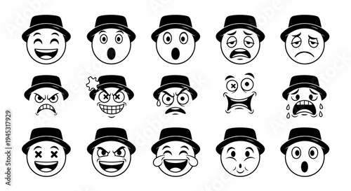 Black and White Line Art Hat Emojis, Faces, Expressions, Emotions