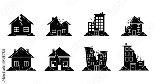 Black and White Icons of Damaged Houses and Buildings, Earthquake Disaster