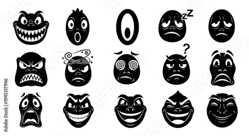Black and white cartoon faces, expressing different emotions, vector illustration