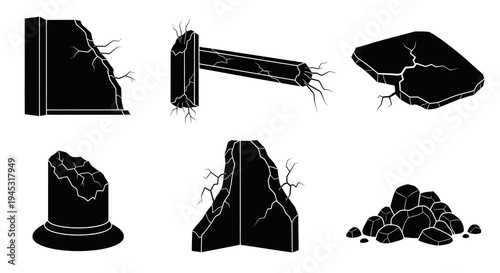 Cracked Stone and Debris Black and White Vector Icons Set