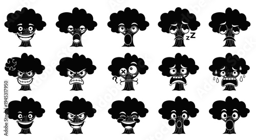 Black and White Cartoon Tree Emoticons with Various Expressions, Vector Art