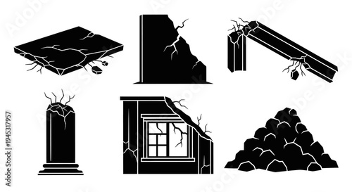Black and White Icons of Ruined Buildings and Debris, Vector Art