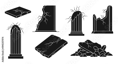 Set of cracked stone ruins and ancient columns, black silhouette icons