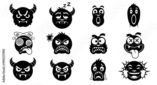 Black and White Vector Icons of Cartoon Monsters with Different Emotions