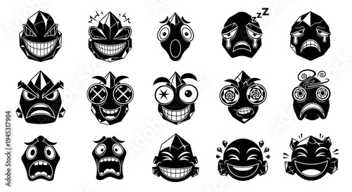 Black  White Cartoon Gemstone Faces Set, Vector Icons