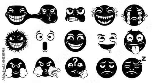Black  White Emoji Faces Vector Icons, Emotions, Expressions, Vector Art