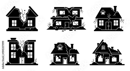 Damaged House Icons - Black and White Glyph Style for Real Estate and Disaster