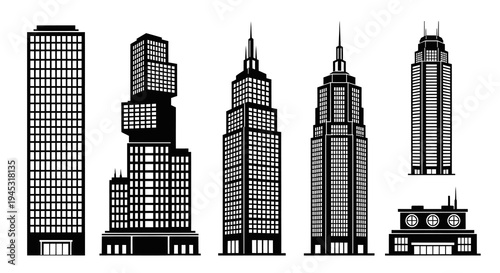 Black  White Silhouette of Modern Skyscrapers, Vector Art