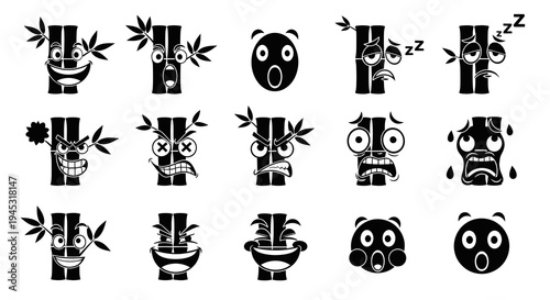 Black and white bamboo and panda emoticons, vector icons, simple design